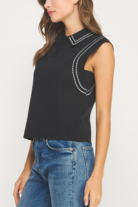 Thick Stitch Embroidery Knit Sleeveless Polo Top