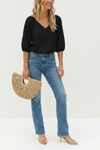 Elastic Puff Sleeve V-Neck Blouse
