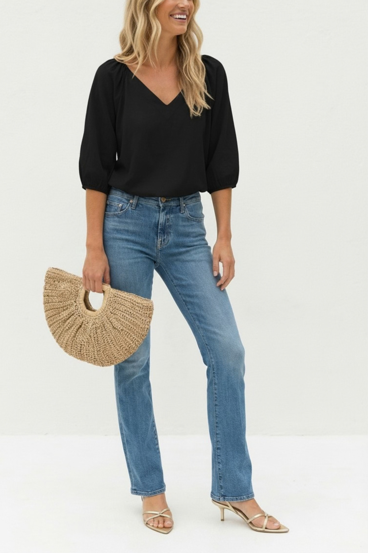 Elastic Puff Sleeve V-Neck Blouse