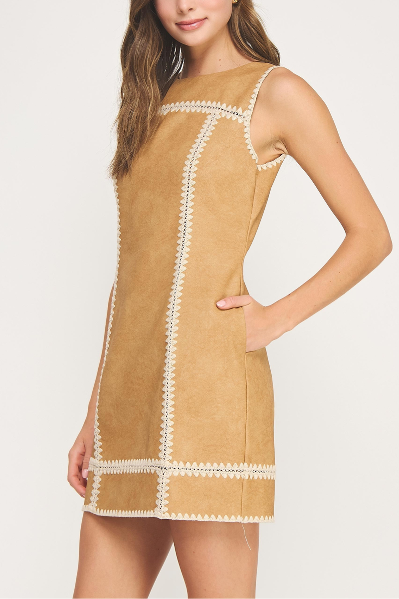 Whipstitch Crochet Detail Faux Leather Mini Dress