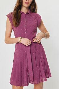Dot Pleated Button Down Mini Dress