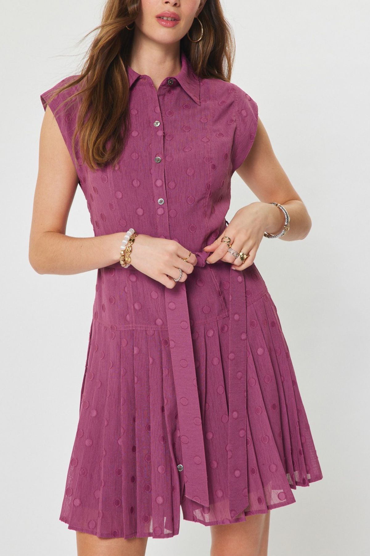 Dot Pleated Button Down Mini Dress