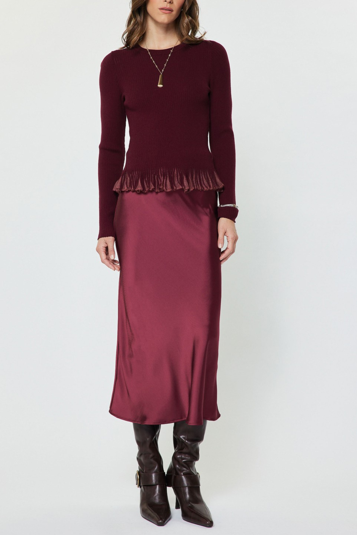 Ribbed Knit Ruffle Hem Sweater Top