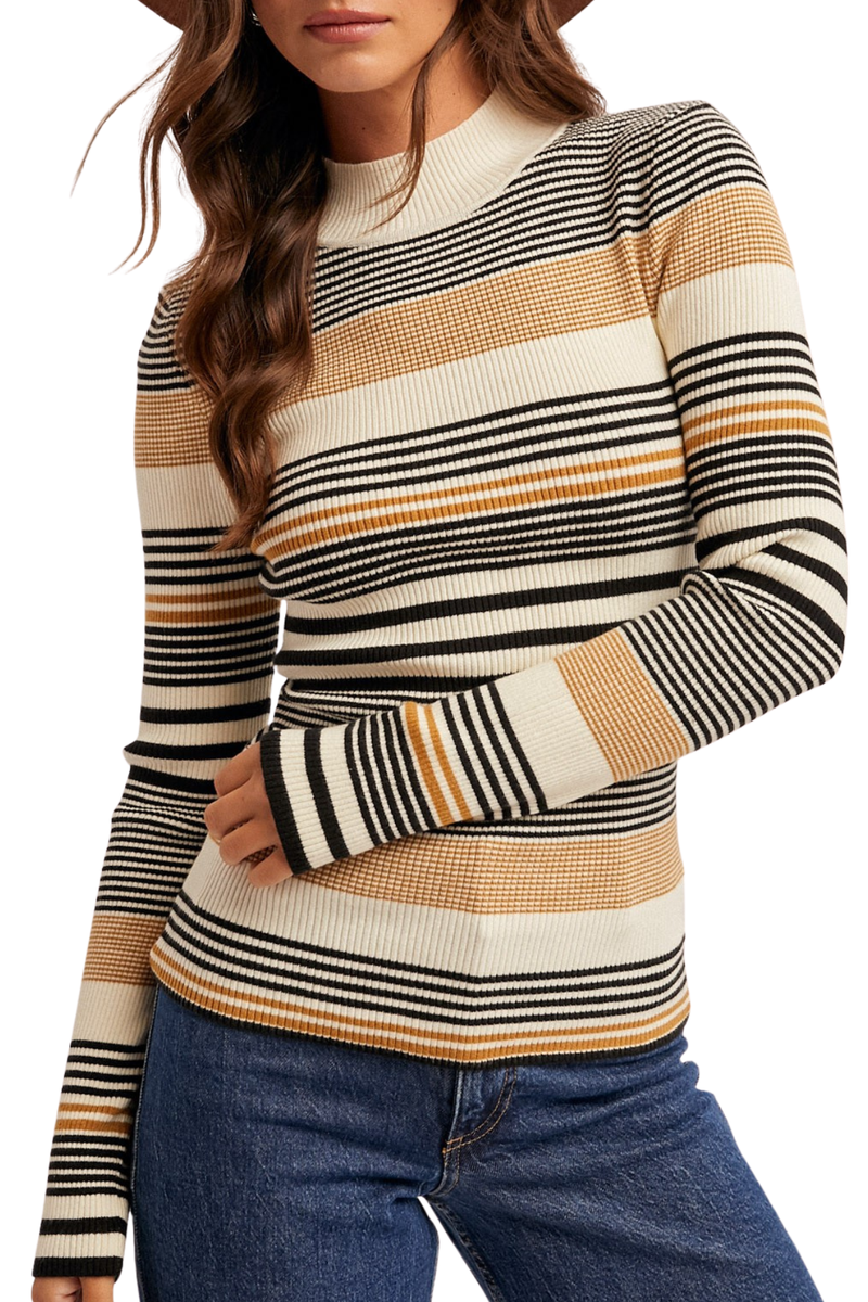 Stripe Mock Neck Rib Sweater Top