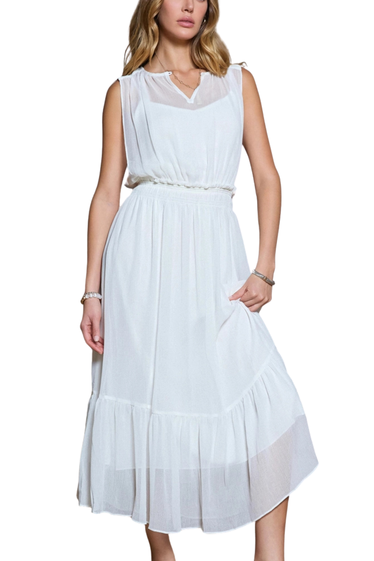 Sheer Gathered Midi Dress