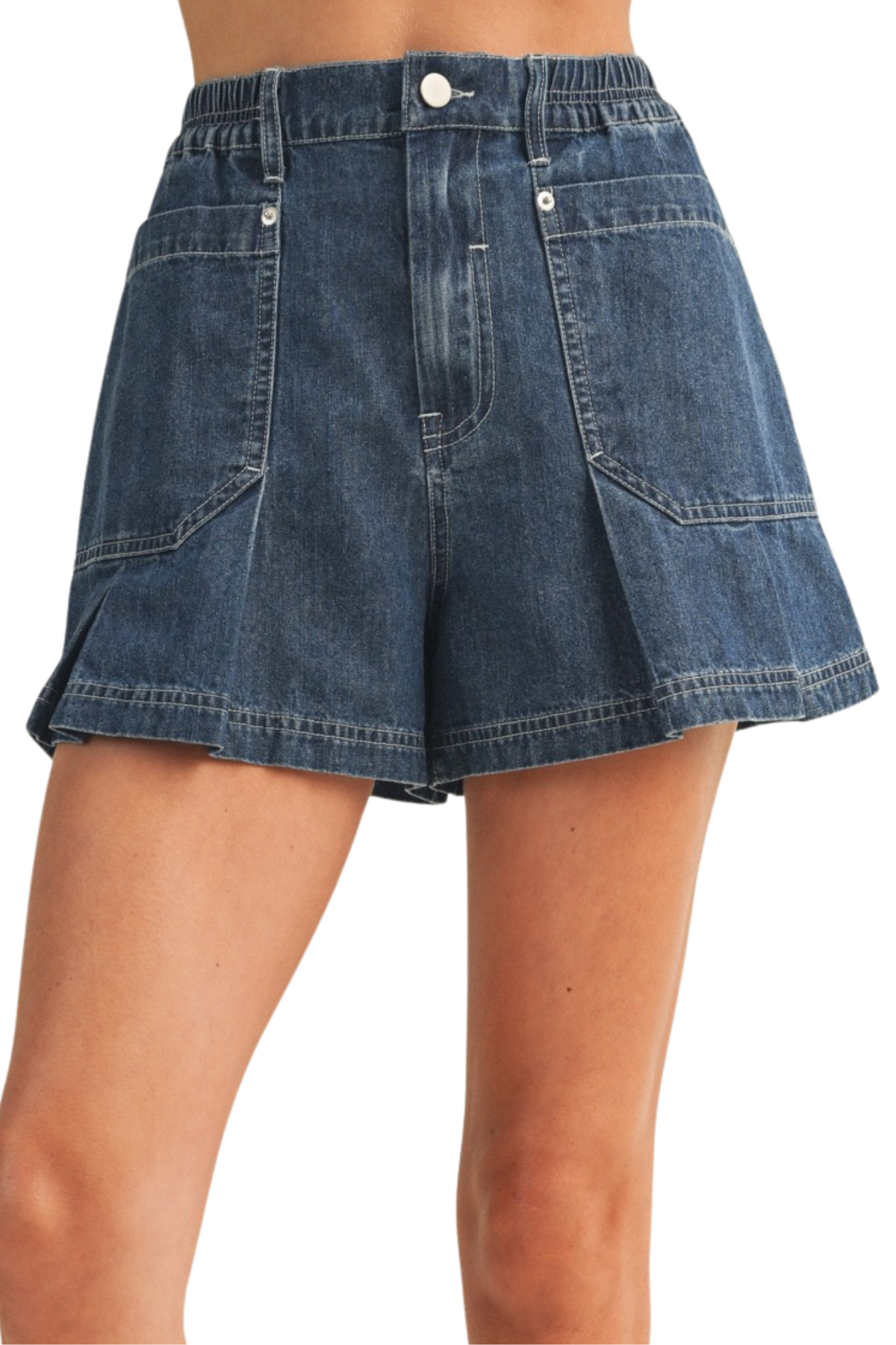 Patch Pocket Pleated Denim Shorts