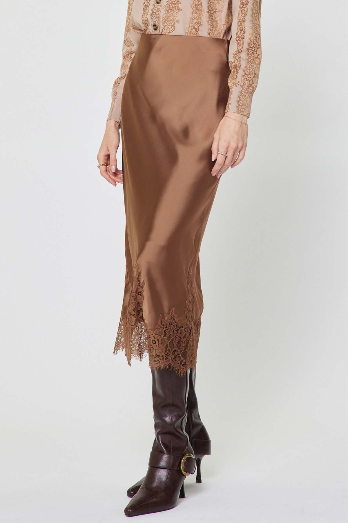Lace Hem Satin Midi Skirt