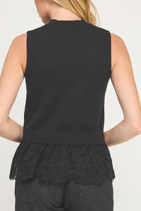 Lace Contrast Mock Neck Top