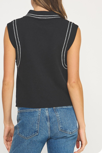 Thick Stitch Embroidery Knit Sleeveless Polo Top