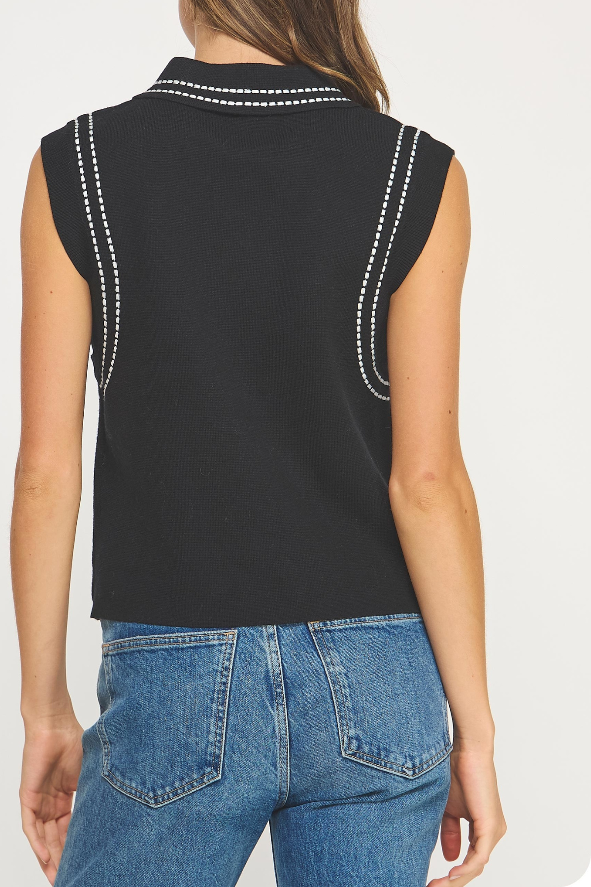 Thick Stitch Embroidery Knit Sleeveless Polo Top