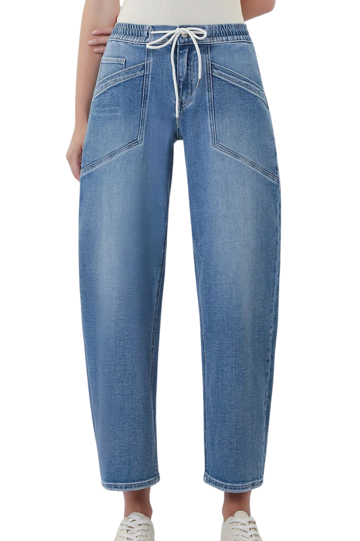 Vervet High Rise Elastic Waistband Wide Barrel Jeans