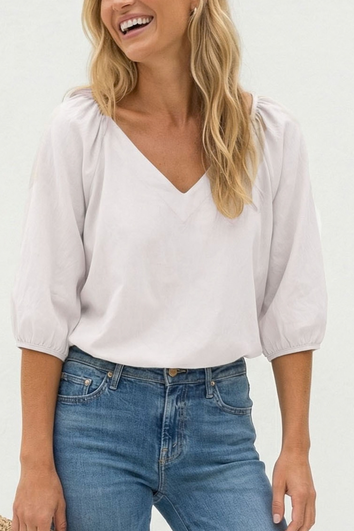 Elastic Puff Sleeve V-Neck Blouse