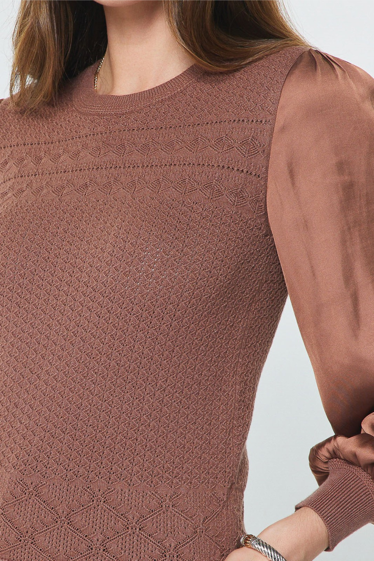 Woven Sleeve Pointelle Knit Sweater