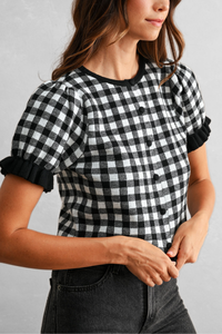 Gingham Plaid Puff Sleeve Knit Top