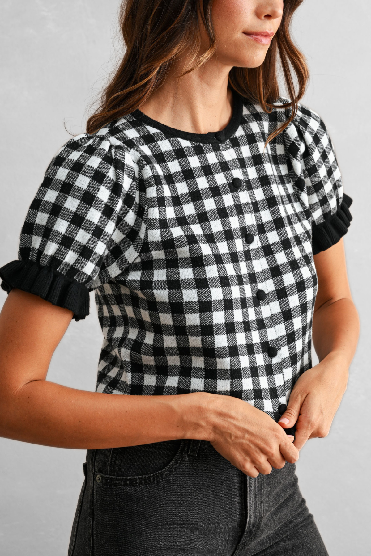 Gingham Plaid Puff Sleeve Knit Top