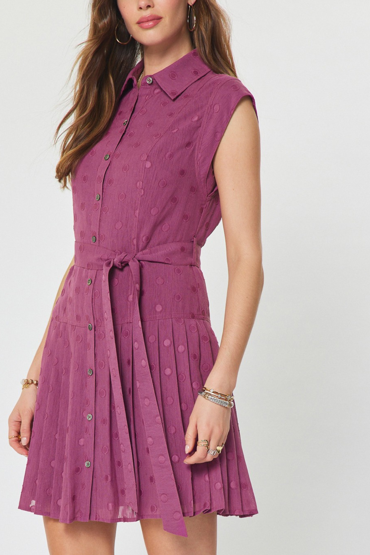 Dot Pleated Button Down Mini Dress
