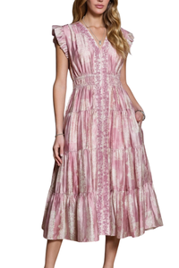 Printed Embroidered Tiered Midi Dress