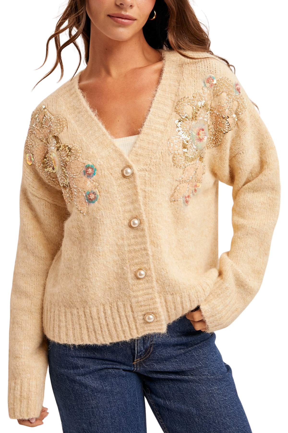 Floral Sequin Beaded Button Down Cardigan