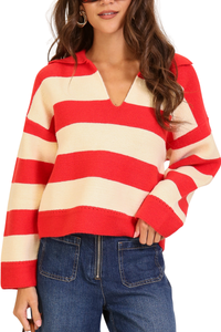 Striped Collared V-Neck Sweater