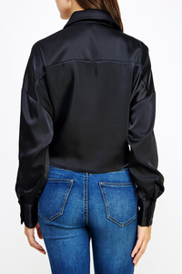 Button Down Waist Tie Satin Shirt Top