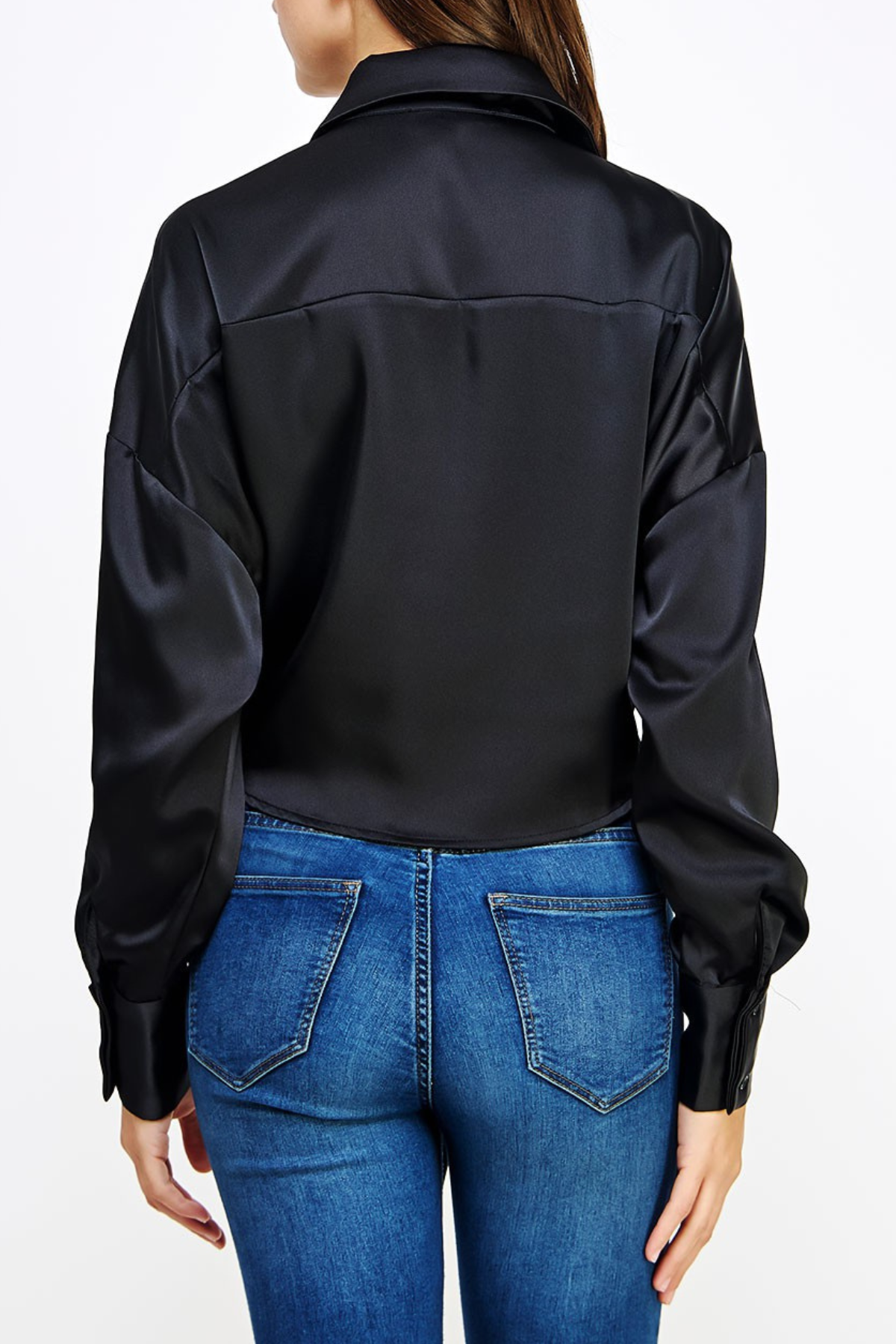 Button Down Waist Tie Satin Shirt Top