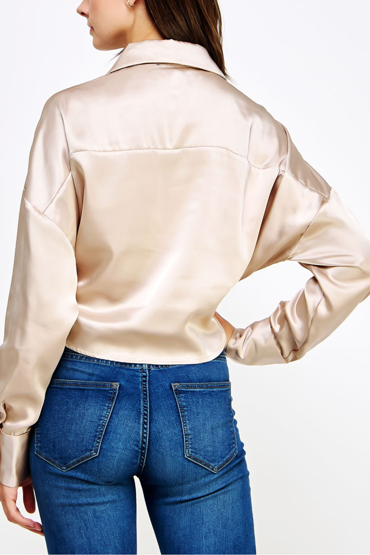 Button Down Waist Tie Satin Shirt Top