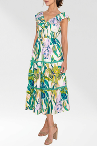 Tropical Floral Ruffle Smocked Midi Dress