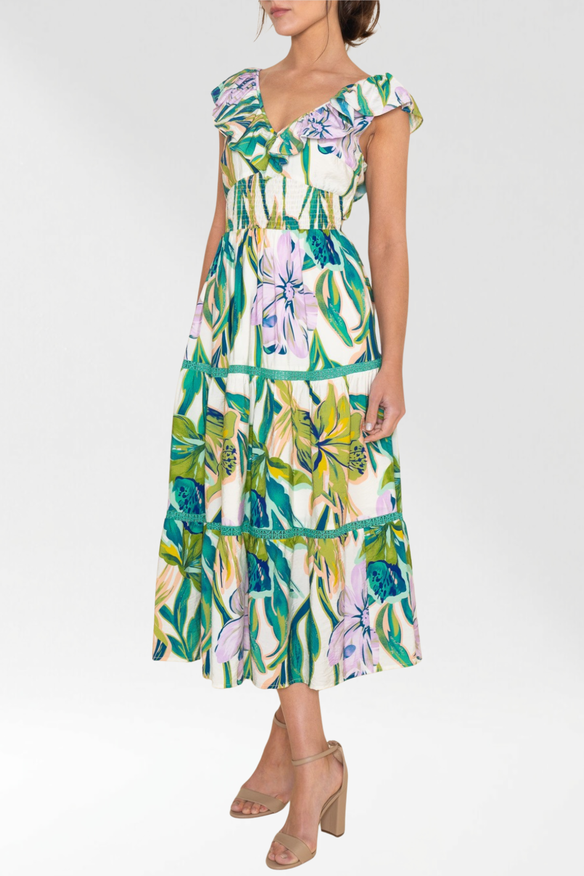 Tropical Floral Ruffle Smocked Midi Dress