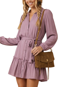 Long Sleeve Tie Waist Ruffle Dress