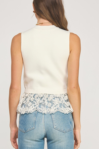 Lace Contrast Mock Neck Top