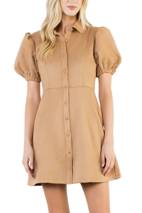THML Puff Sleeve Button Up Suede Dress