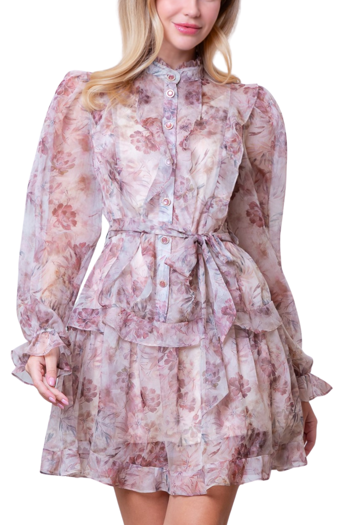 Long Sleeve Button Up Belted Dress