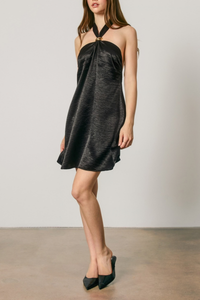 Satin Gold Trim Halter Mini Dress