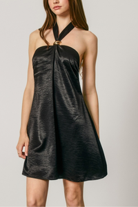Satin Gold Trim Halter Mini Dress