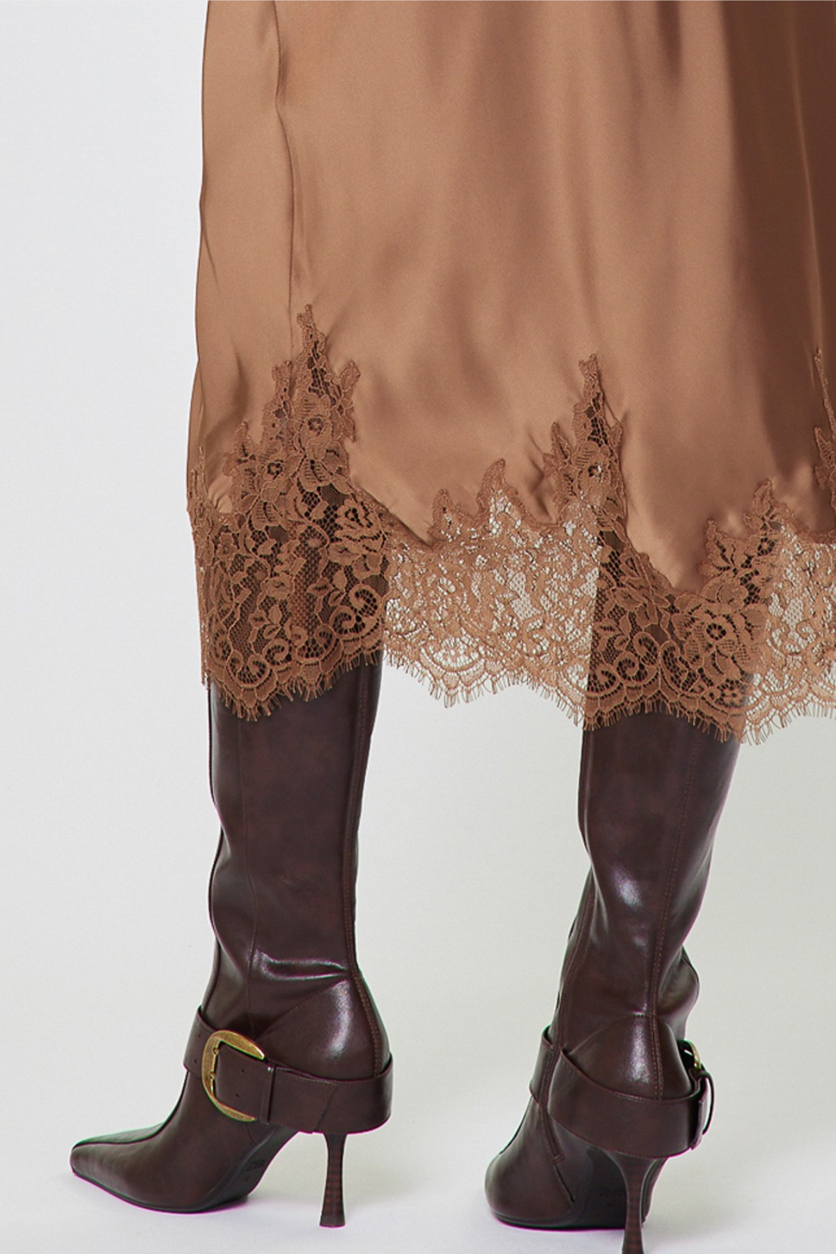 Lace Hem Satin Midi Skirt