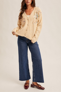 Floral Sequin Beaded Button Down Cardigan