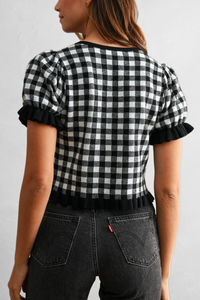 Gingham Plaid Puff Sleeve Knit Top
