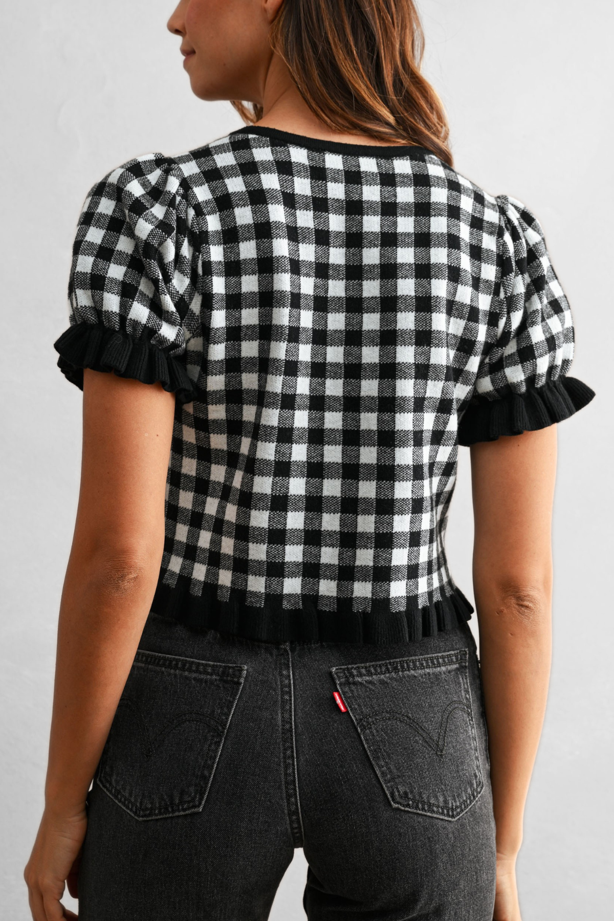 Gingham Plaid Puff Sleeve Knit Top