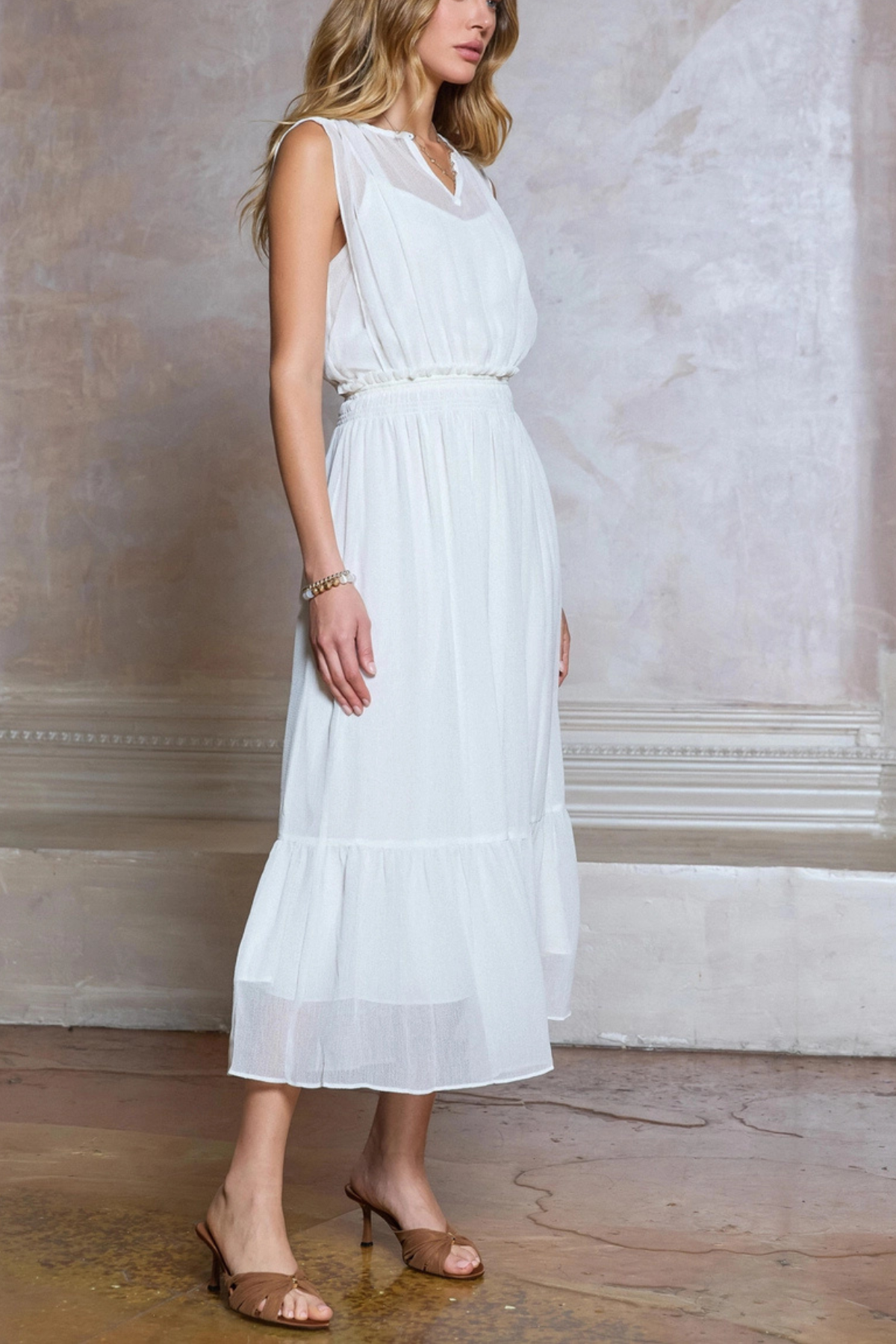 Sheer Gathered Midi Dress