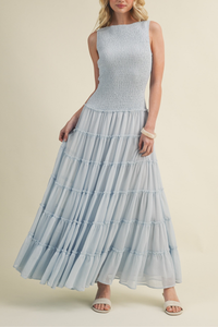 Smocked Boat Neck Tiered Maxi Dress
