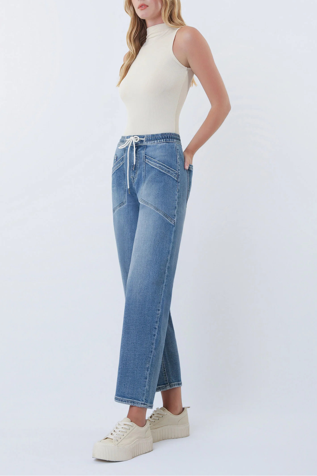Vervet High Rise Elastic Waistband Wide Barrel Jeans