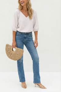 Elastic Puff Sleeve V-Neck Blouse