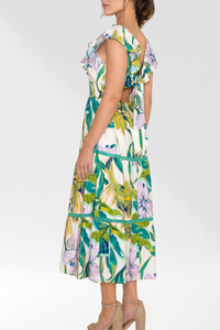 Tropical Floral Ruffle Smocked Midi Dress