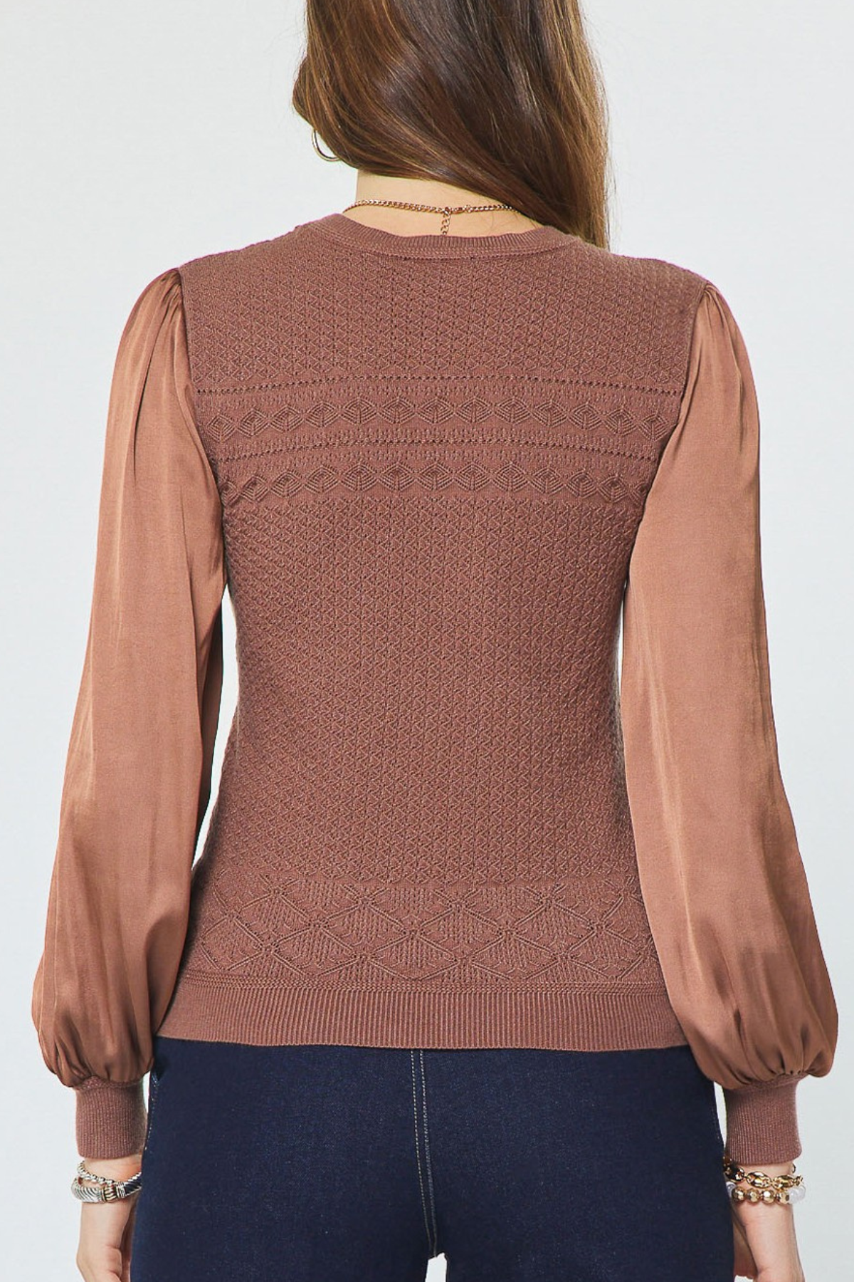 Woven Sleeve Pointelle Knit Sweater