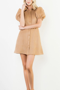 THML Puff Sleeve Button Up Suede Dress