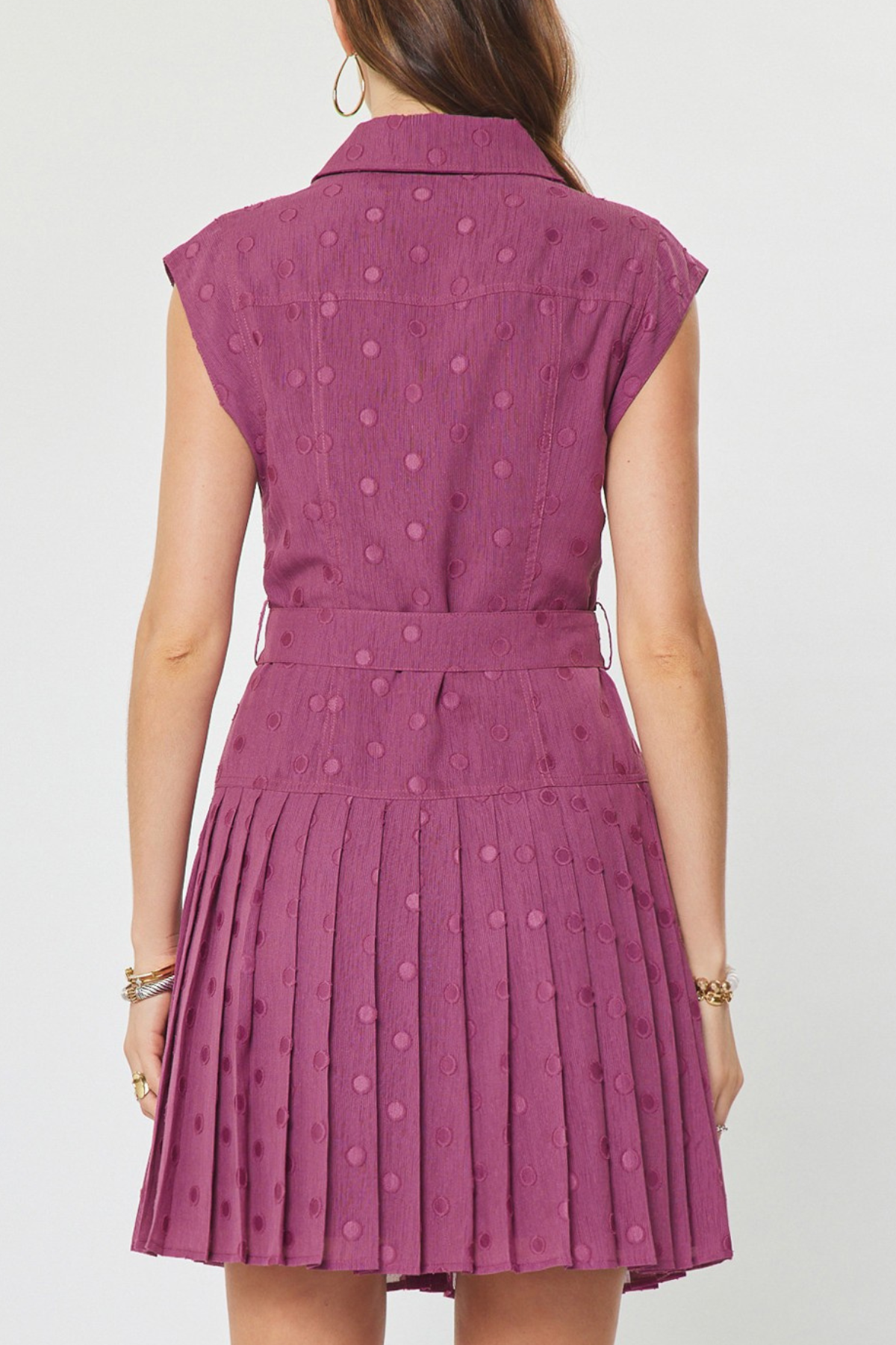 Dot Pleated Button Down Mini Dress
