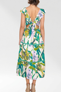 Tropical Floral Ruffle Smocked Midi Dress