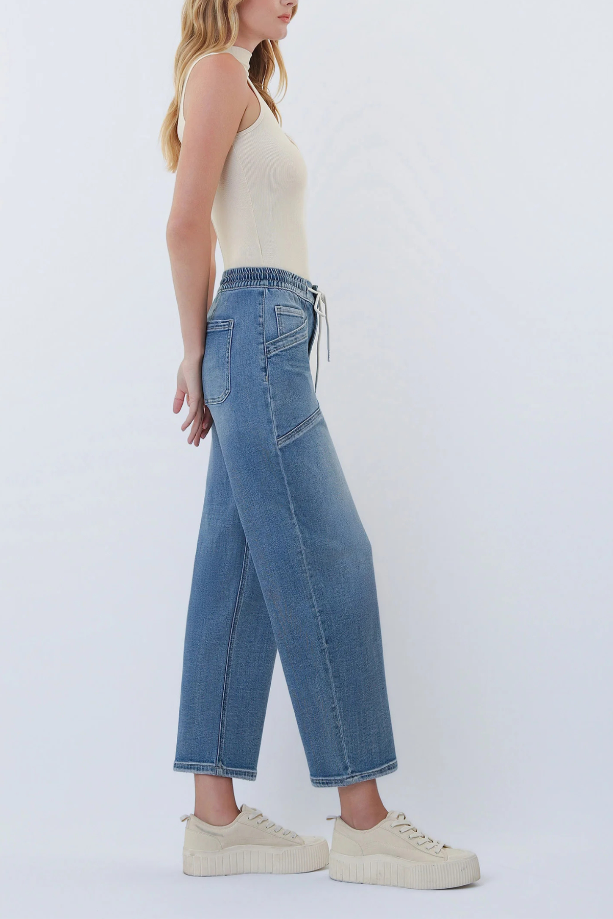Vervet High Rise Elastic Waistband Wide Barrel Jeans