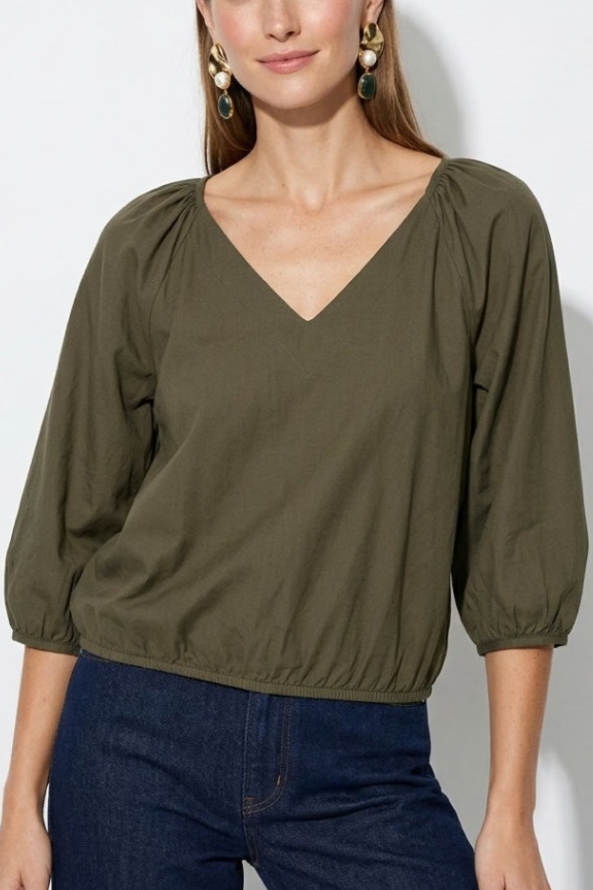 Elastic Puff Sleeve V-Neck Blouse