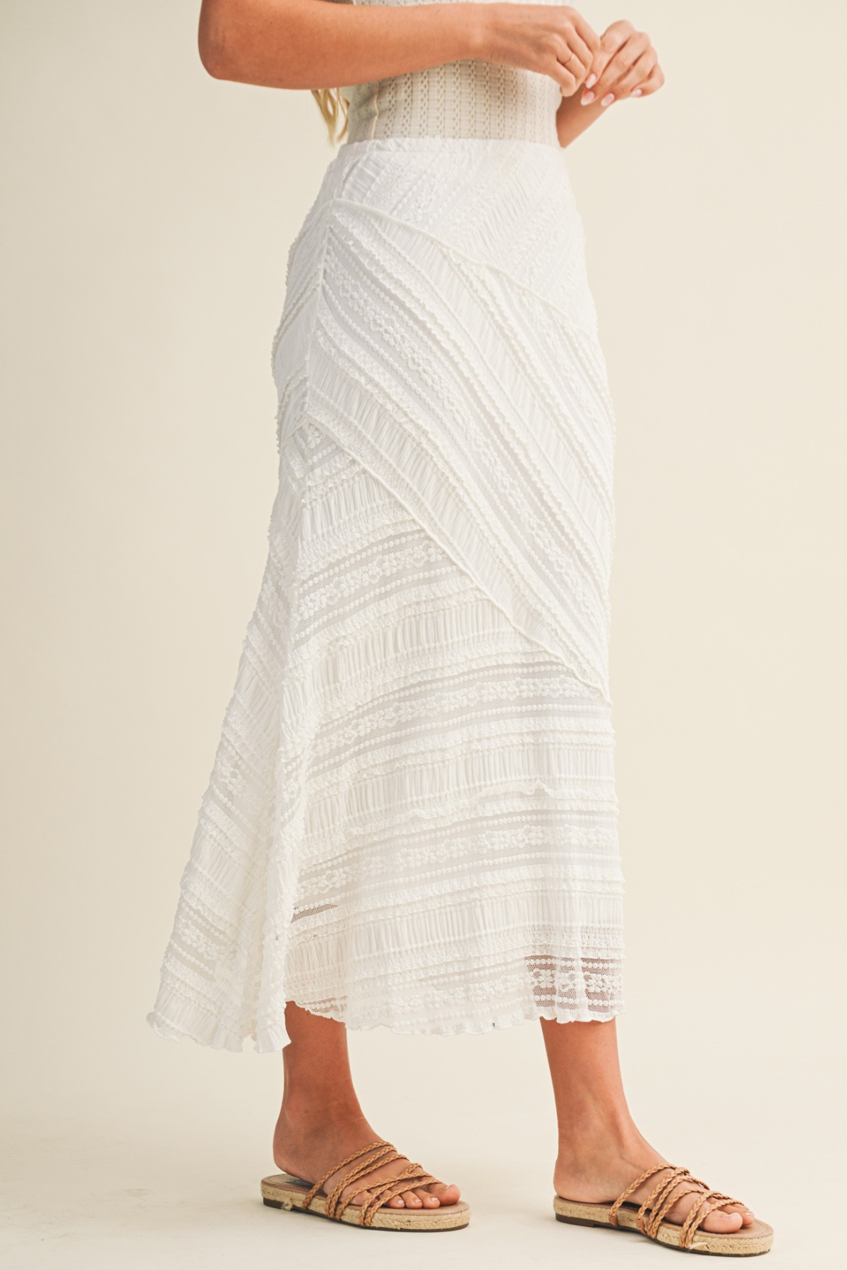 Textured Diagonal Lace Midi Skirt